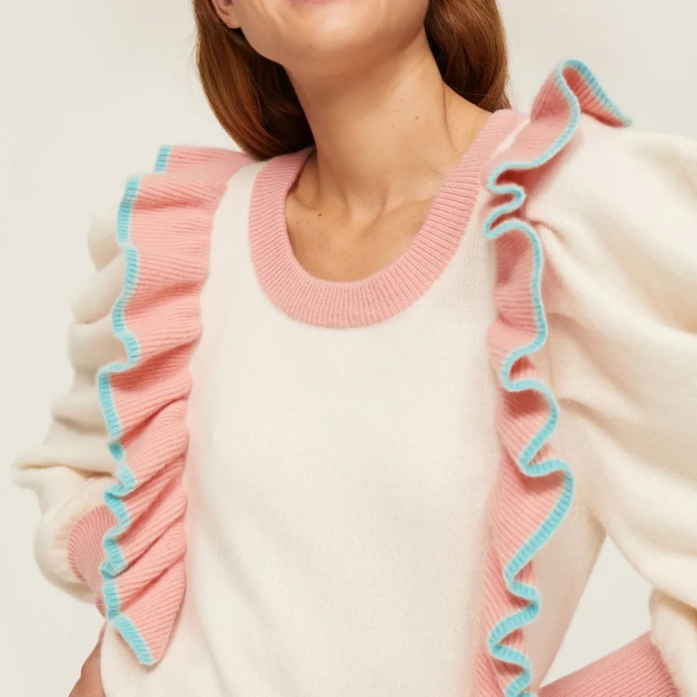 LoveShackFancy Caahmere Pink Ruffle Greece Sweater L large Like New